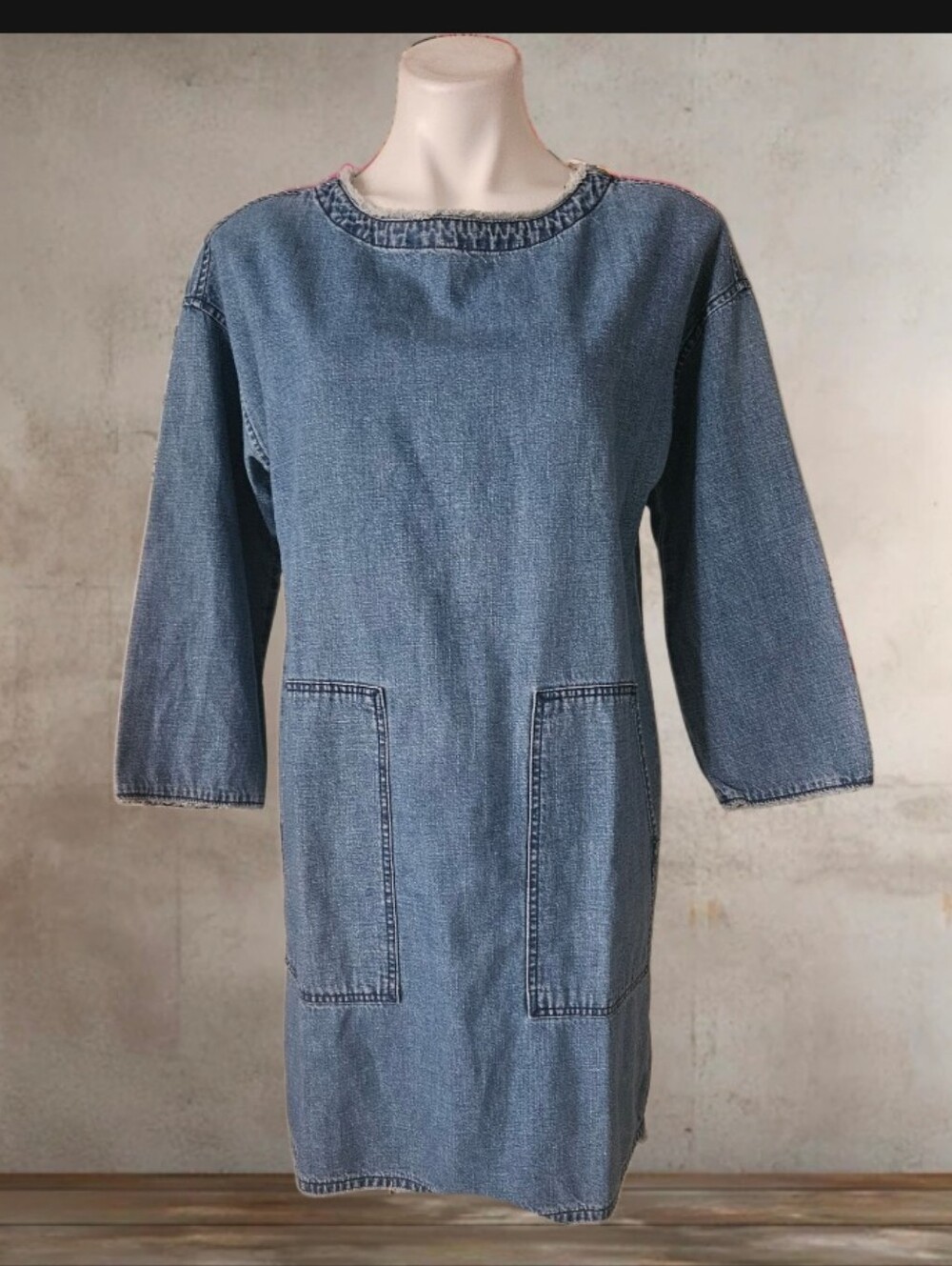 MADEWELL Blue Denim MiniLong Sleeve Popover Dress Pockets Size S
